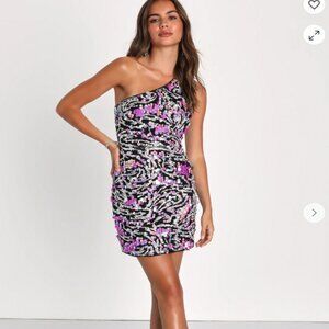 Lulus Vibrant Nights Black Multi Sequin One-shoulder Mini Dress - Size M, EUC